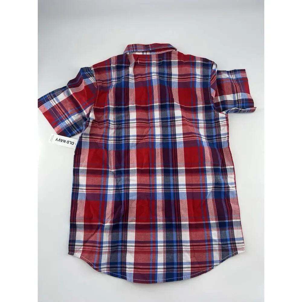 Old Navy Plaid Flannel Shirt Youth Boys Medium Blue Red White Classic Dressy New